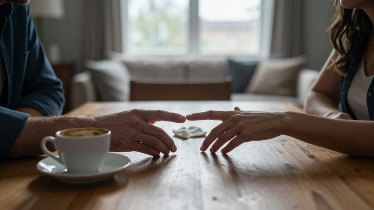 Manos de un hombre y una mujer a punto de tocarse sobre una mesa de madera.