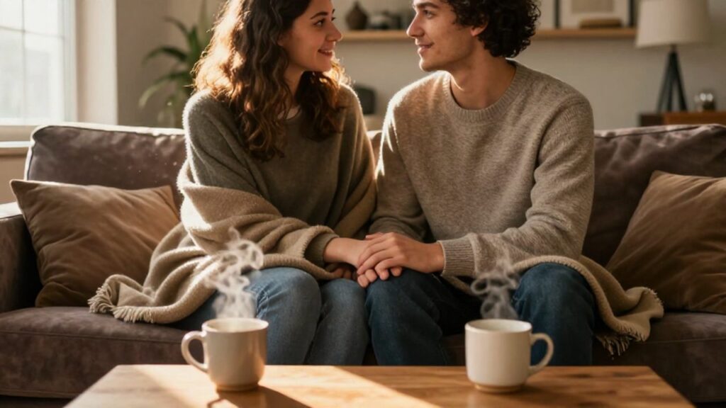 Pareja joven sentada en un sofá con una manta y tazas de café bajo la luz del atardecer.