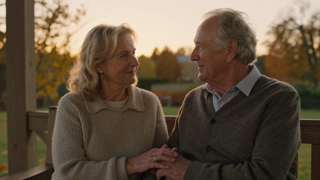Pareja de ancianos sentados en un porche de madera tomados de la mano bajo la luz del atardecer.