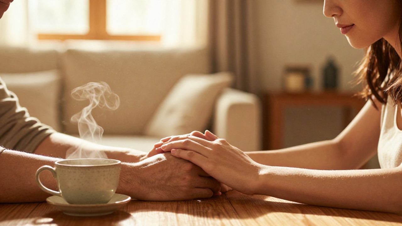 Primer plano de un hombre y una mujer entrelazando sus manos junto a una taza de té.