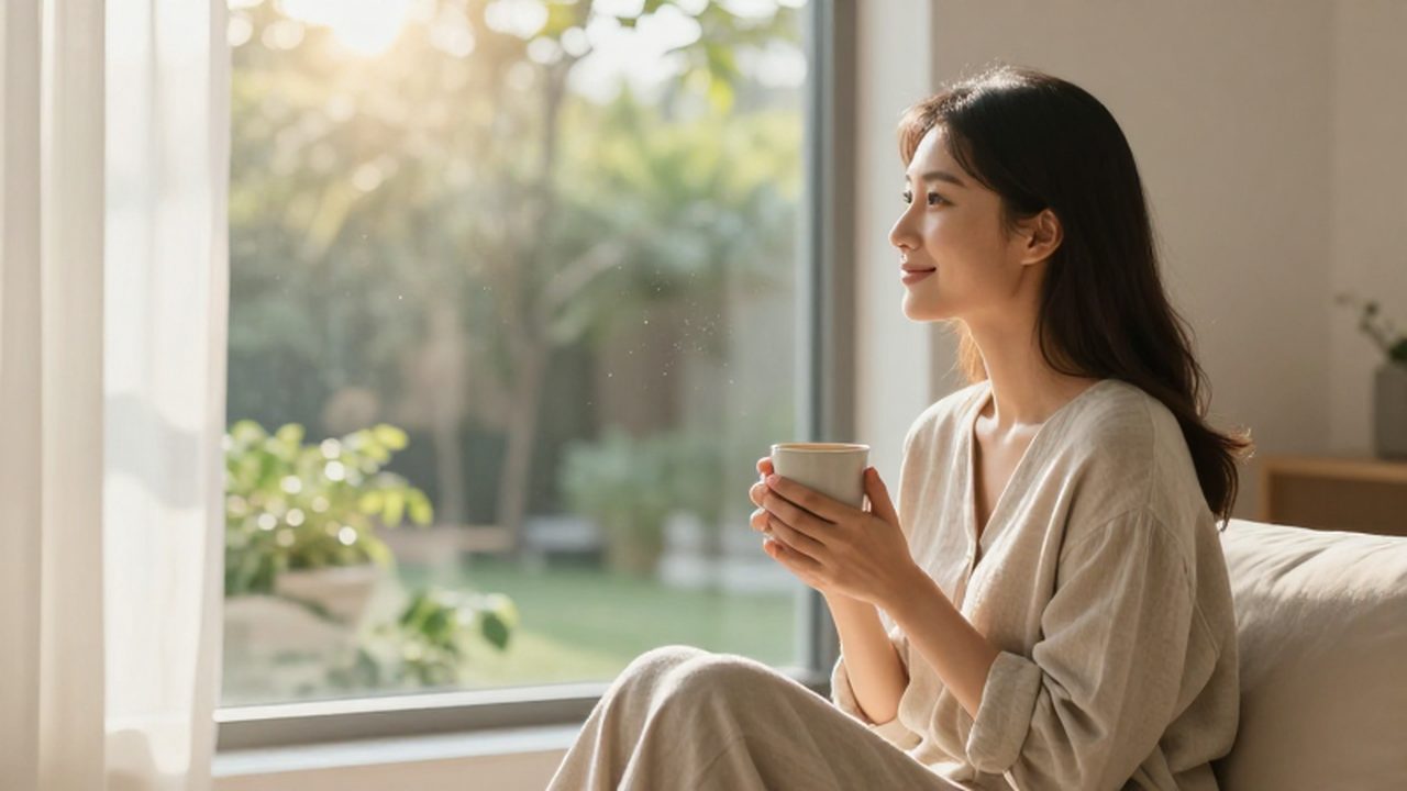 Mujer sonriente sentada junto a una ventana iluminada por el sol mientras sostiene una taza.