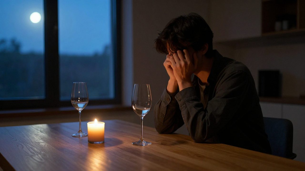 Persona solitaria frente a dos copas de vino y una vela en un apartamento en penumbra.