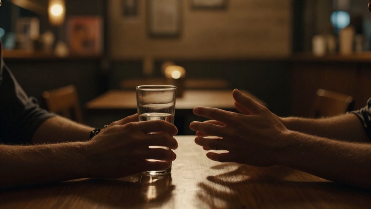 Dos personas sentadas en una mesa de madera en un café oscuro, acercando sus manos con timidez.