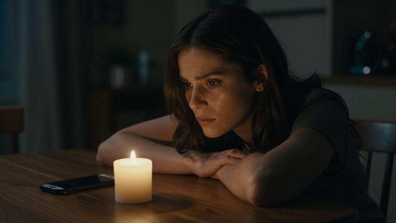 Mujer pensativa mirando fijamente una vela encendida sobre una mesa de madera en penumbra.