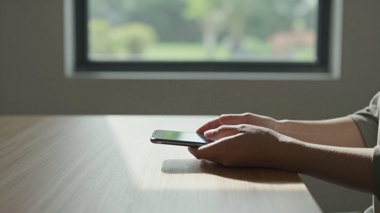 Persona alejando un teléfono móvil brillante de un escritorio de madera en una habitación luminosa.
