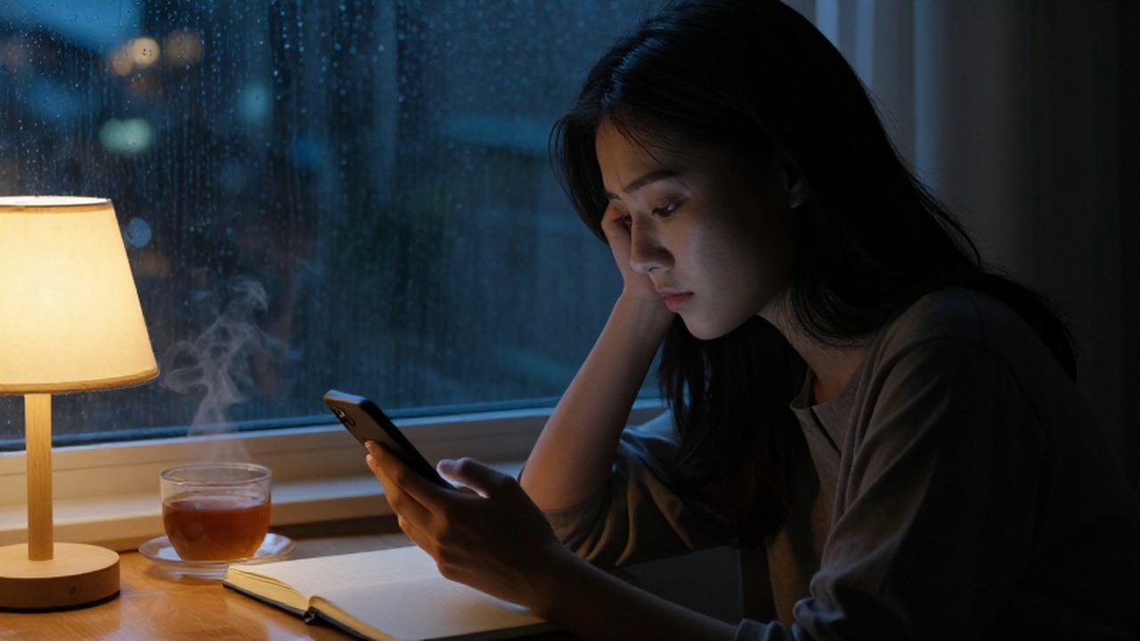 Mujer melancólica mirando su teléfono junto a una ventana con gotas de lluvia.