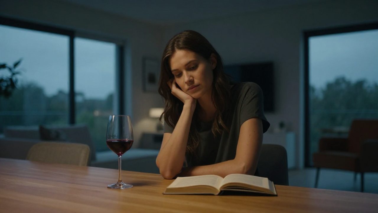 Mujer con expresión melancólica sentada a la mesa con un libro y una copa de vino.