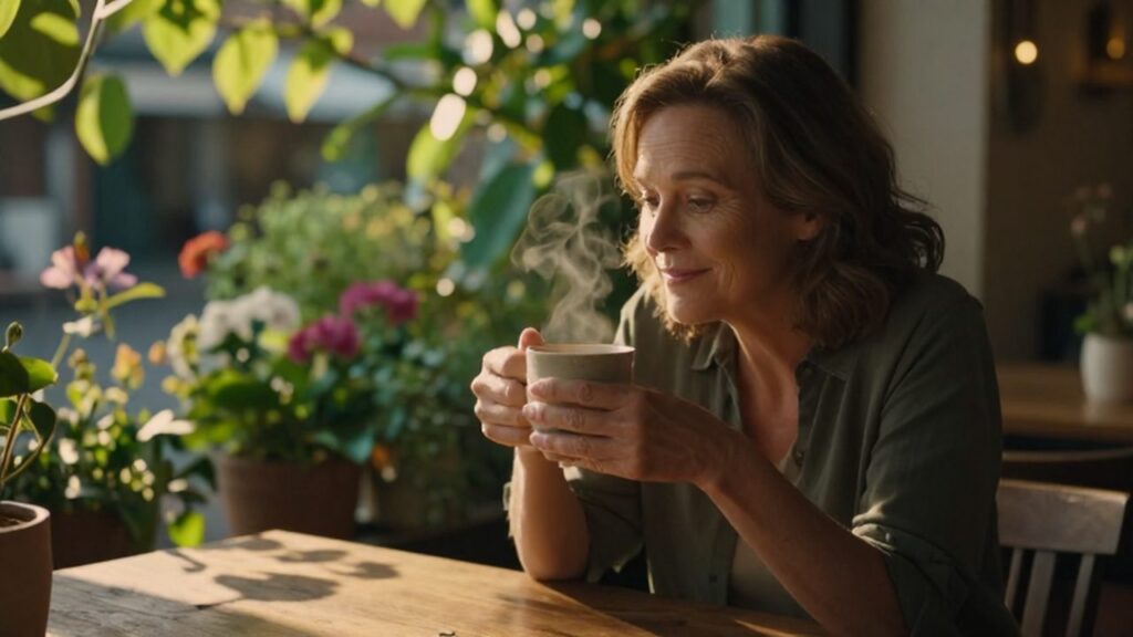 Mujer de mediana edad sonriendo mientras sostiene una taza de café en un jardín soleado.