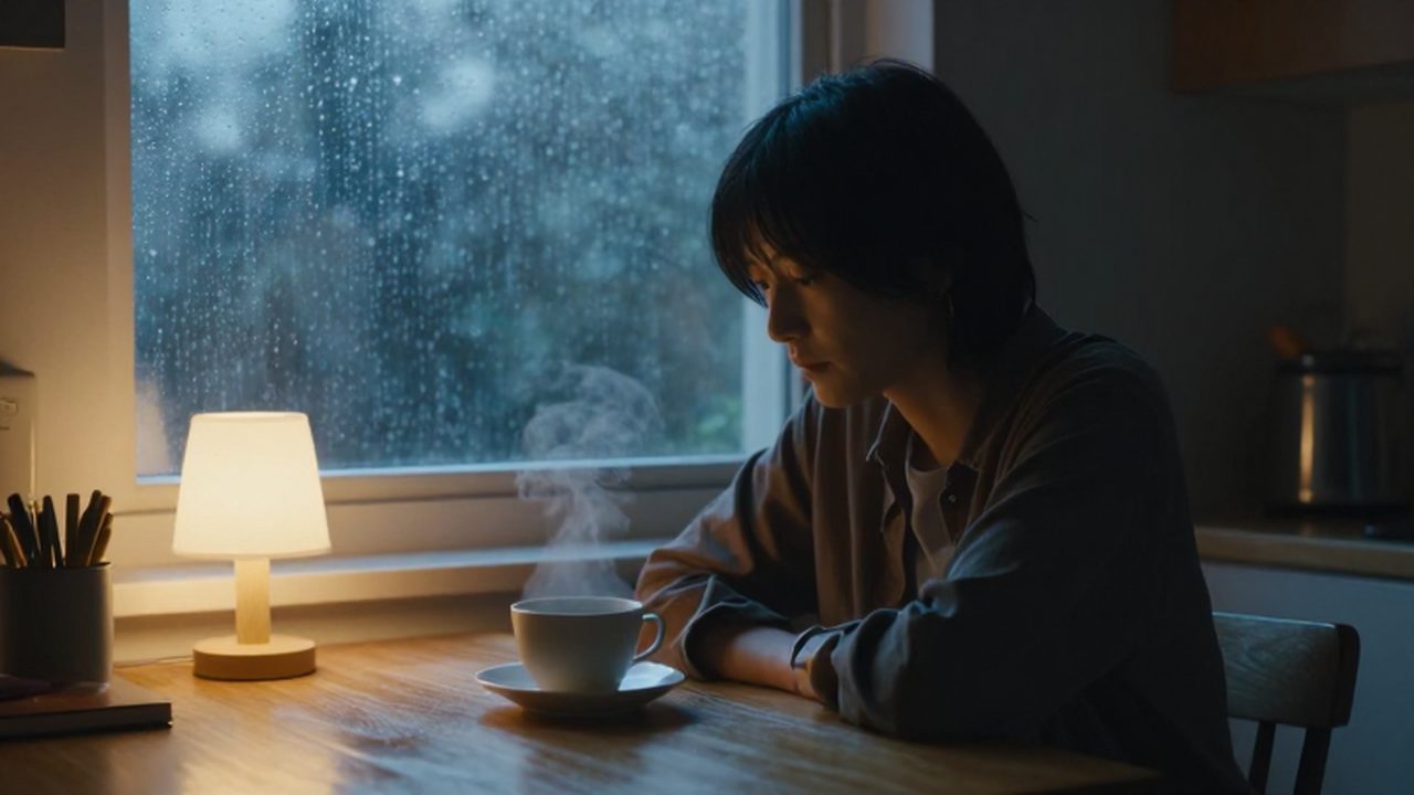 Persona sentada sola junto a una taza de café humeante frente a una ventana lluviosa.