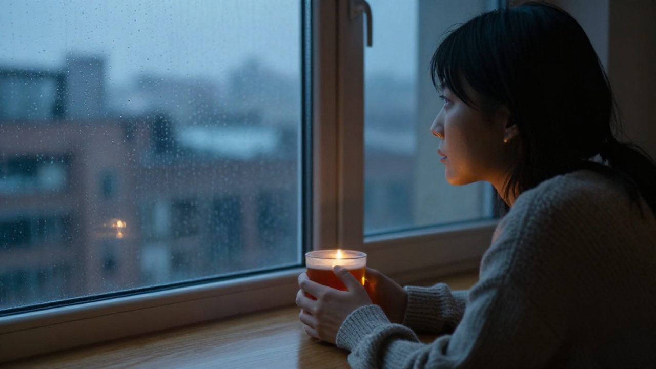 Persona solitaria contemplando la ciudad lluviosa tras un ventanal mientras sostiene una taza de té caliente.