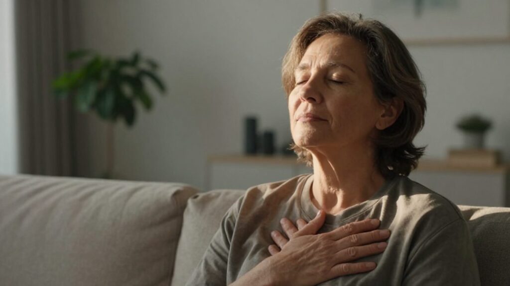 Persona de mediana edad con los ojos cerrados y expresión de paz en un salón iluminado.