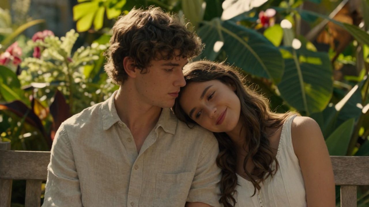 Pareja joven sentada en un banco de madera dentro de un jardín botánico iluminado por el sol.