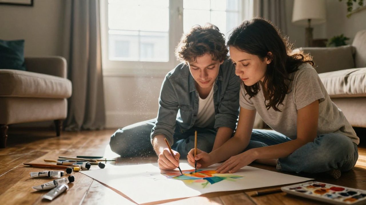 Pareja joven pintando con acuarelas sobre un gran lienzo en una sala luminosa.