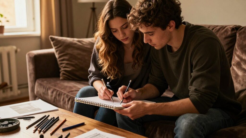 Pareja joven sentada en un sofá dibujando juntos en un cuaderno bajo la luz cálida.