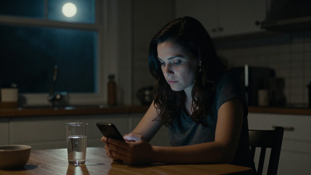 Mujer sentada sola frente a un smartphone en una cocina oscura y melancólica.