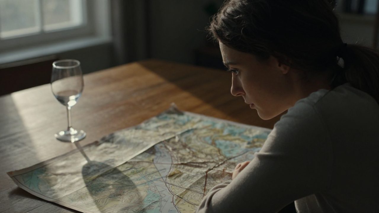 Mujer pensativa frente a un mapa topográfico con una copa de vino sobre la mesa.