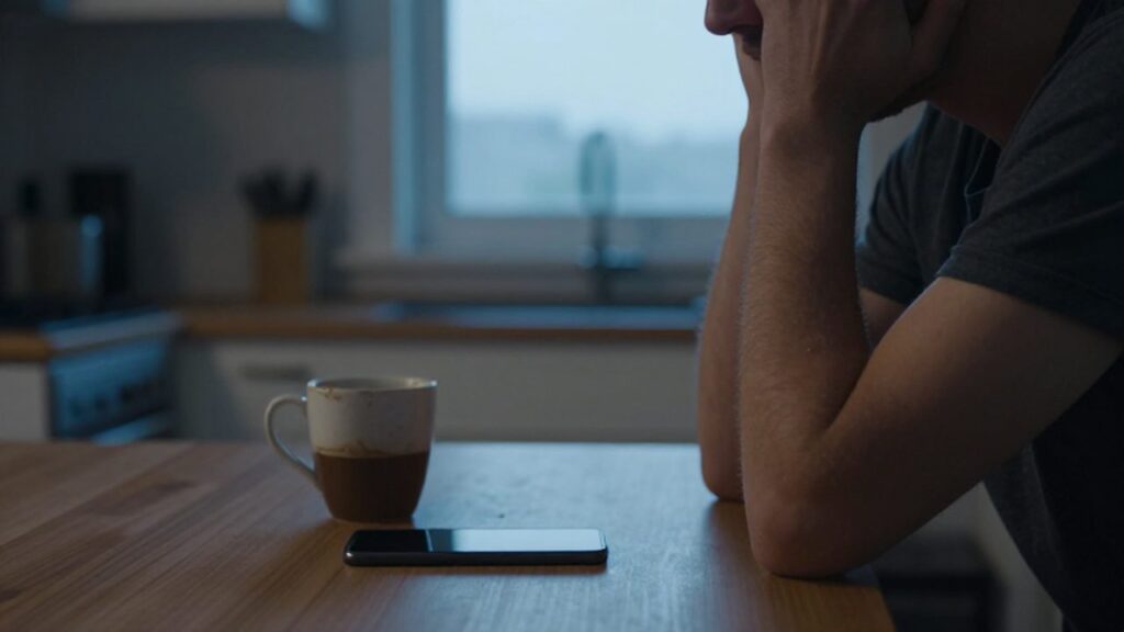 Hombre sentado solo frente a una taza de café en una cocina al amanecer.