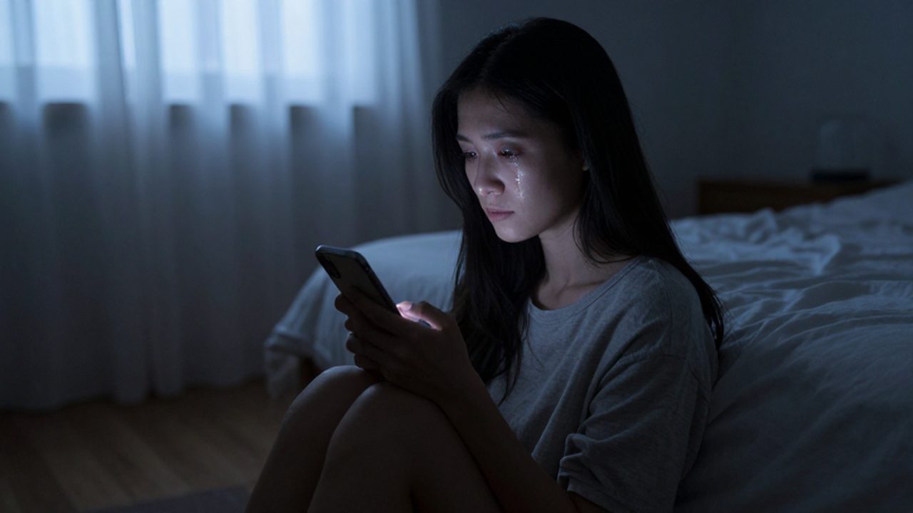 Mujer solitaria sentada en una cama mirando con tristeza la pantalla de su teléfono.