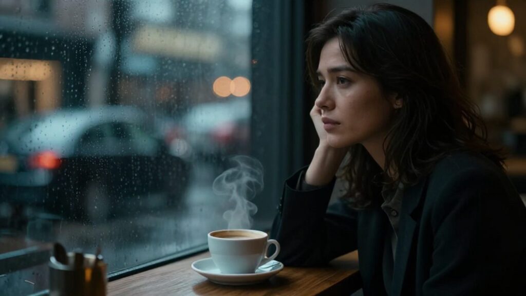 Mujer con expresión melancólica sentada frente a una ventana lluviosa junto a una taza de café.