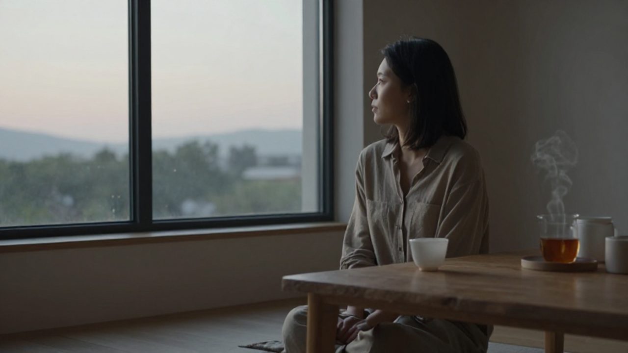 Mujer sentada junto a una ventana contemplando el atardecer con una taza de té caliente.