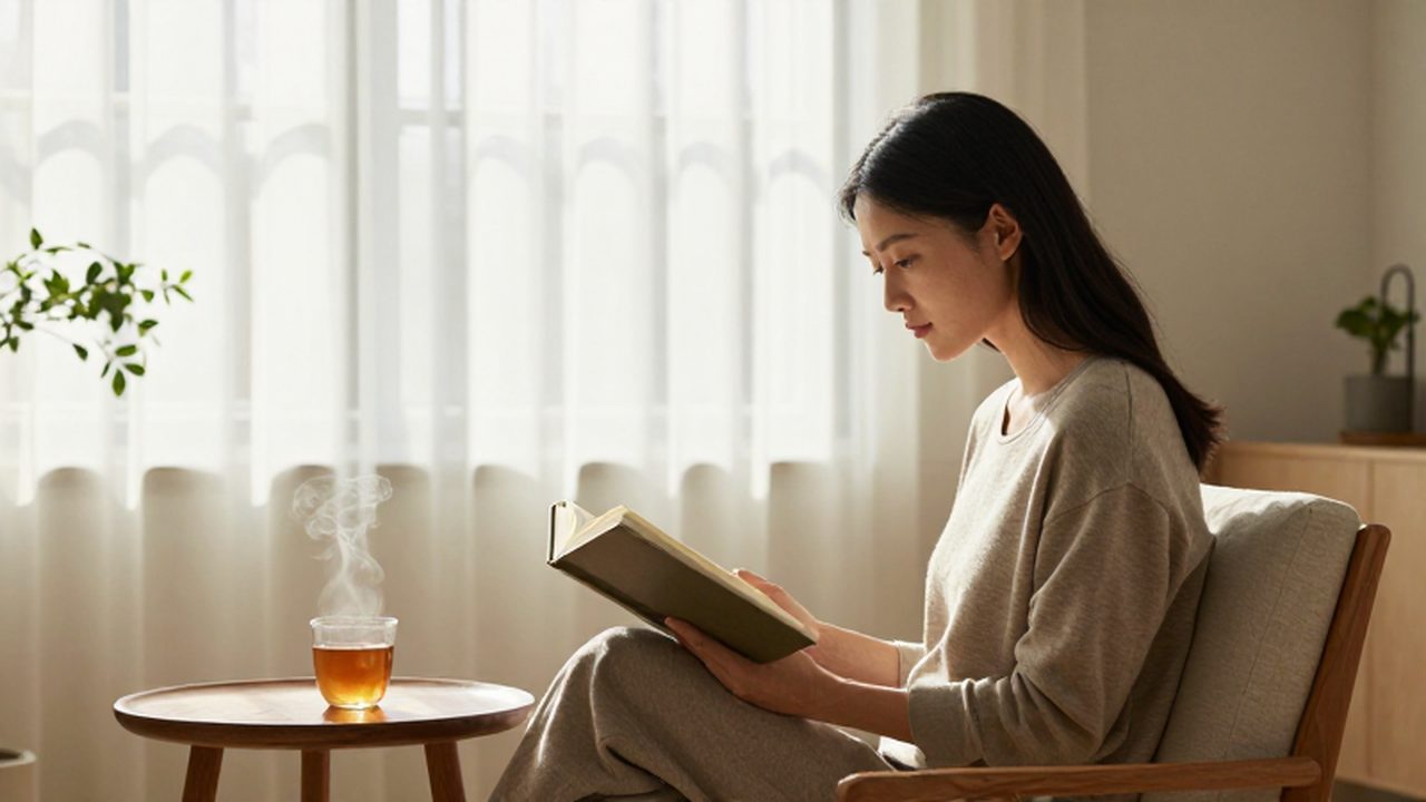 Una mujer lee un libro junto a una ventana soleada con una taza de té.