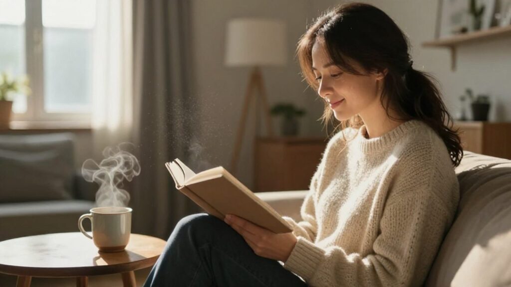 Mujer sonriente leyendo un libro junto a una taza de café en un rincón iluminado.