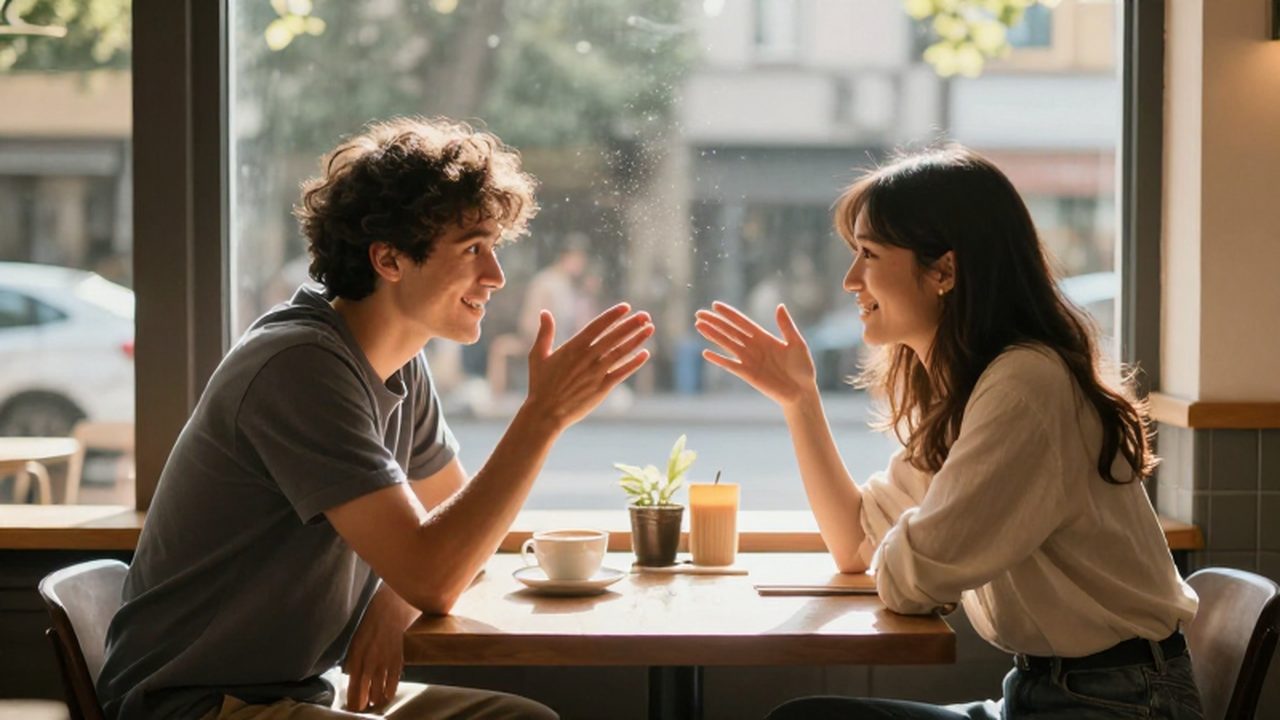 Un hombre y una mujer dialogan animadamente sentados frente a frente en una cafetería soleada.