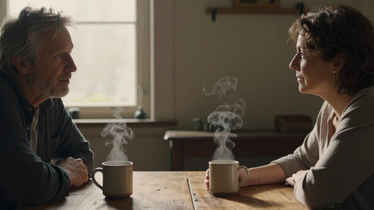 Pareja de mediana edad conversando con calma frente a dos tazas de café humeantes.