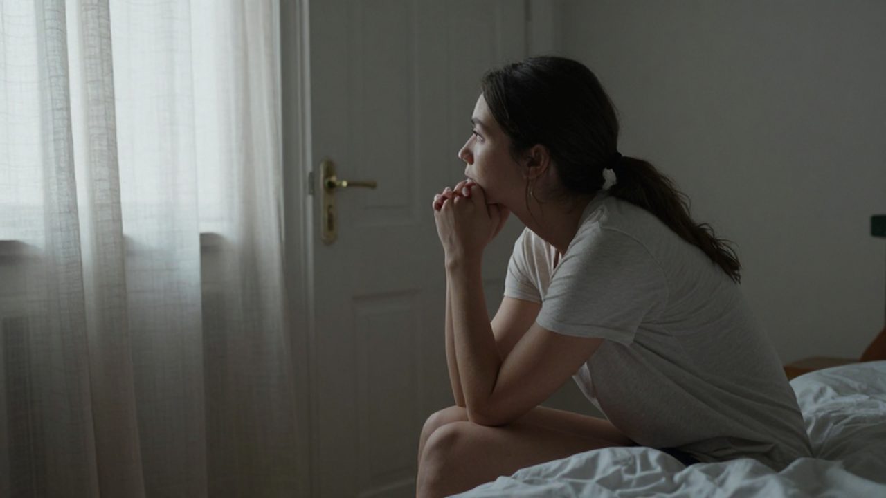 Mujer sentada en el borde de una cama deshecha mirando con ansiedad hacia una puerta cerrada.