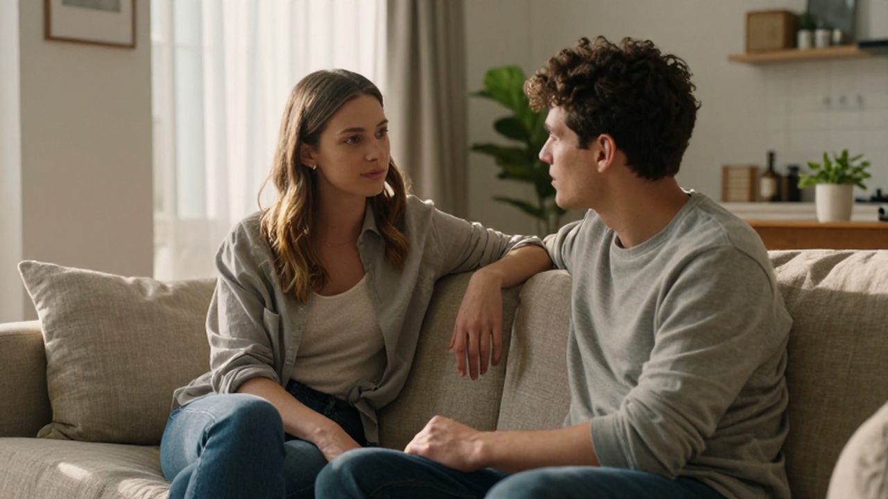 Pareja sentada en un sofá conversando con atención en una sala luminosa.