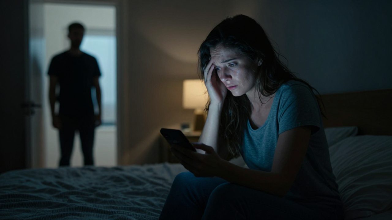 Mujer angustiada sentada en la cama mirando su móvil mientras un hombre la observa desde la penumbra.