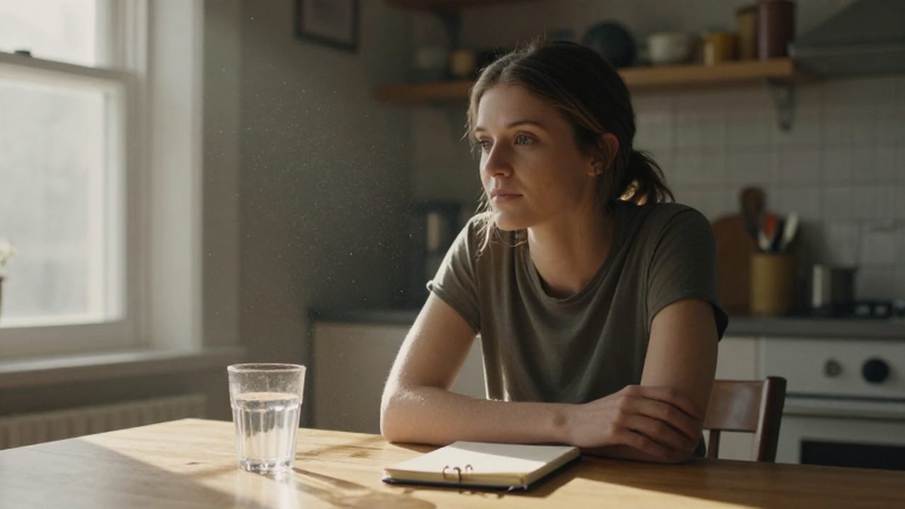 Mujer sentada frente a un diario y un vaso de agua en una cocina iluminada por el sol.