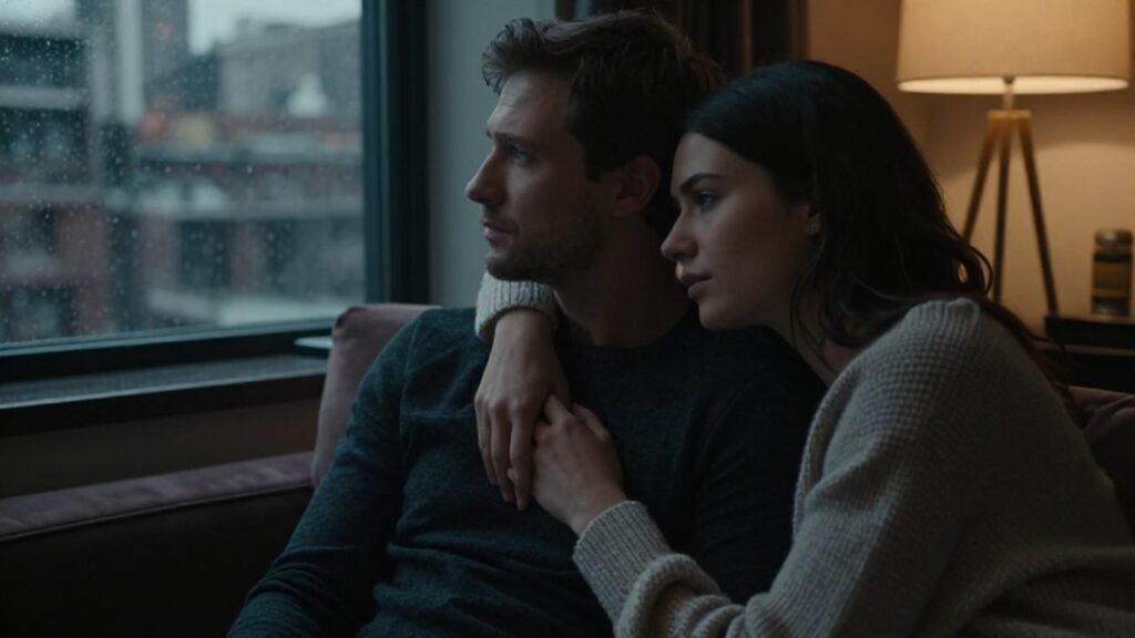 Pareja sentada en un sofá de terciopelo con una sutil distancia emocional bajo luz tenue.