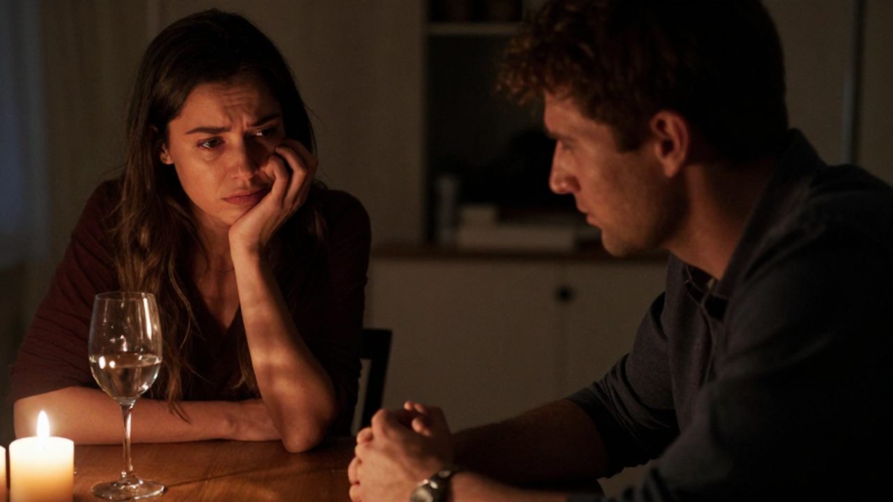 Pareja sentada a la mesa con expresiones de angustia y distancia emocional bajo luz tenue.
