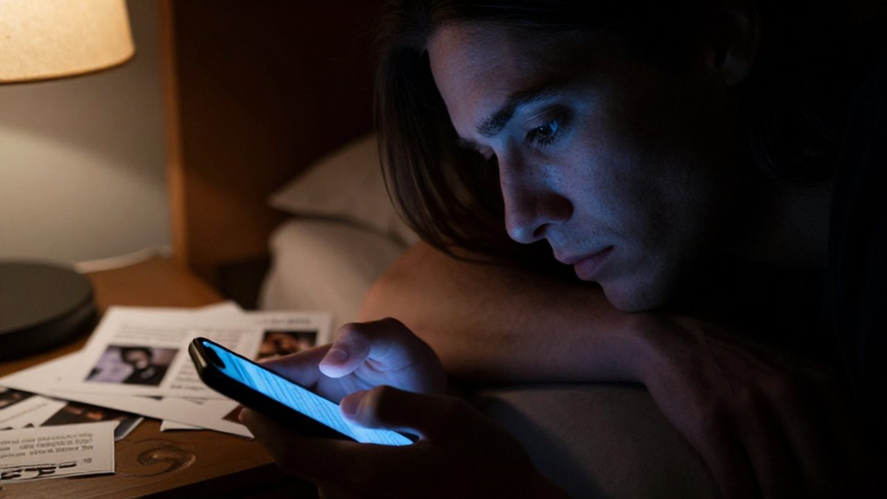 Persona con expresión de cansancio mirando intensamente la pantalla de un móvil en una habitación oscura.