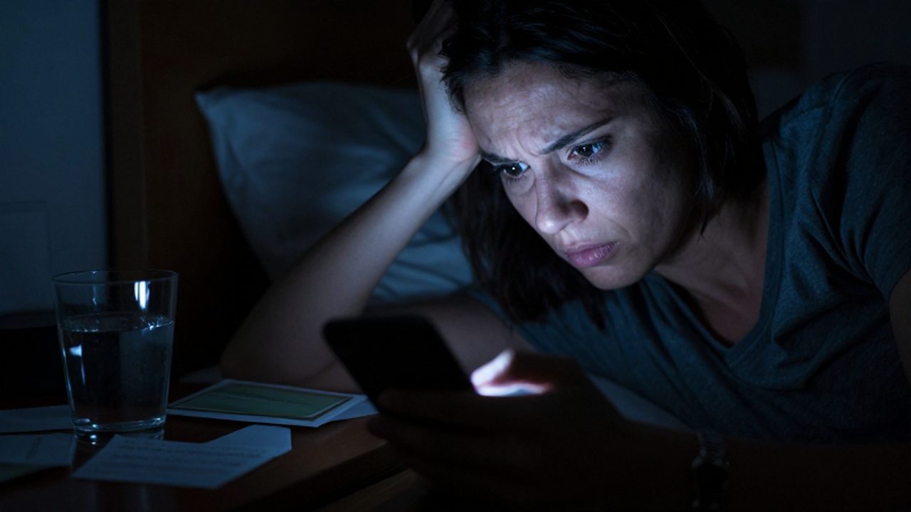 Persona con expresión de ansiedad iluminada por la luz de un móvil en una habitación oscura.