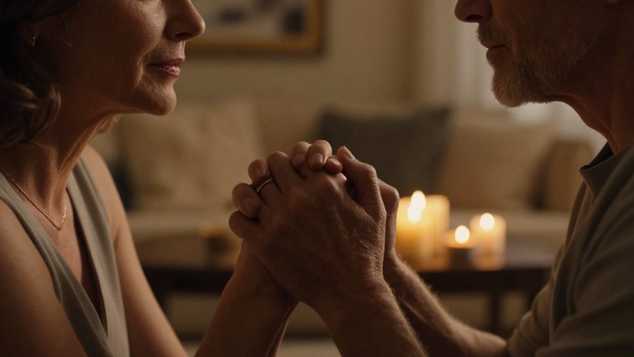 Pareja madura tomándose de las manos con ternura bajo la cálida luz de unas velas.