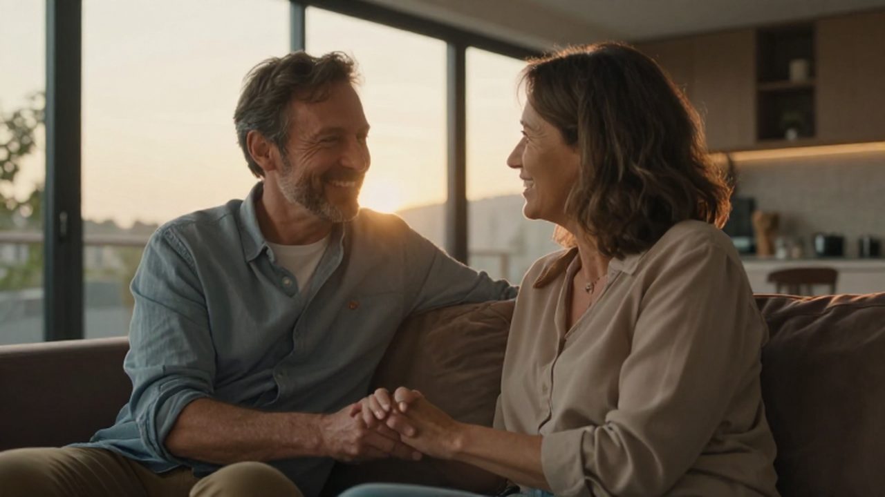 Pareja de mediana edad sentada en un sofá de terciopelo compartiendo un momento afectuoso bajo la luz del atardecer.