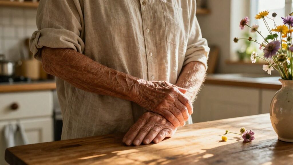 Pareja de ancianos abrazados con ternura en una cocina rústica bañada por la luz del sol.