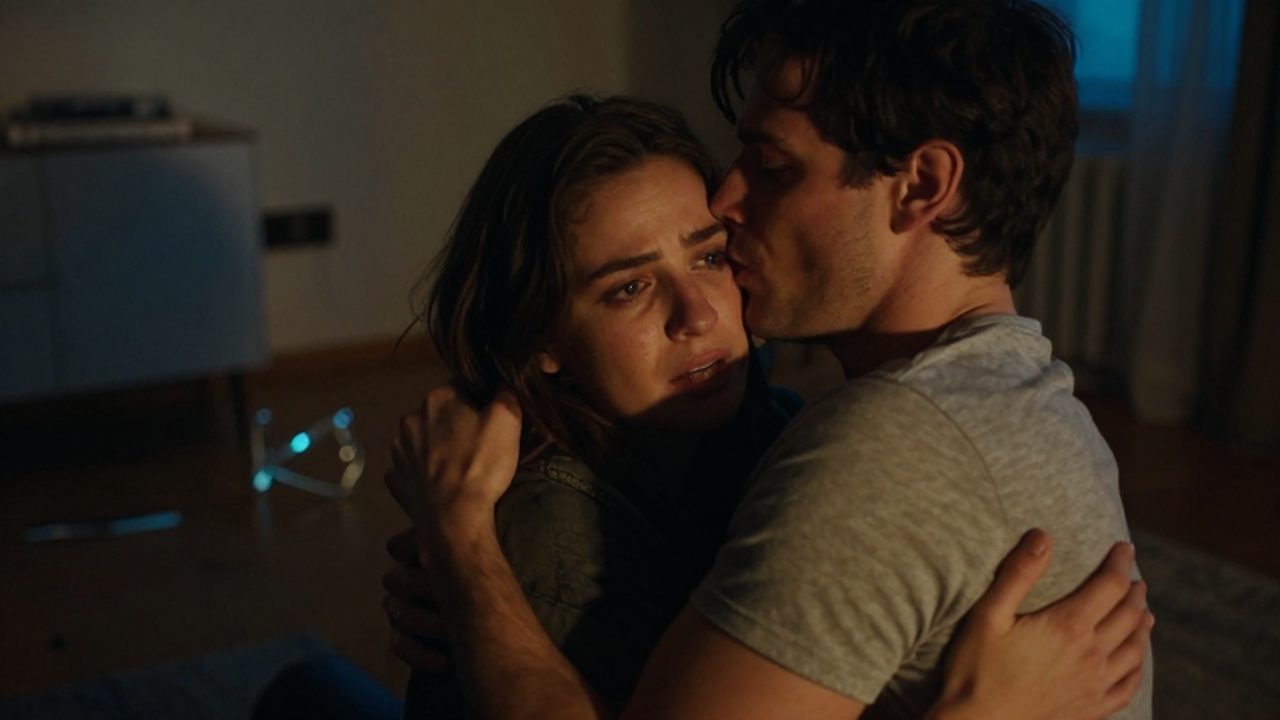 Pareja joven en un abrazo tenso y emocional bajo una iluminación dramática en un apartamento.