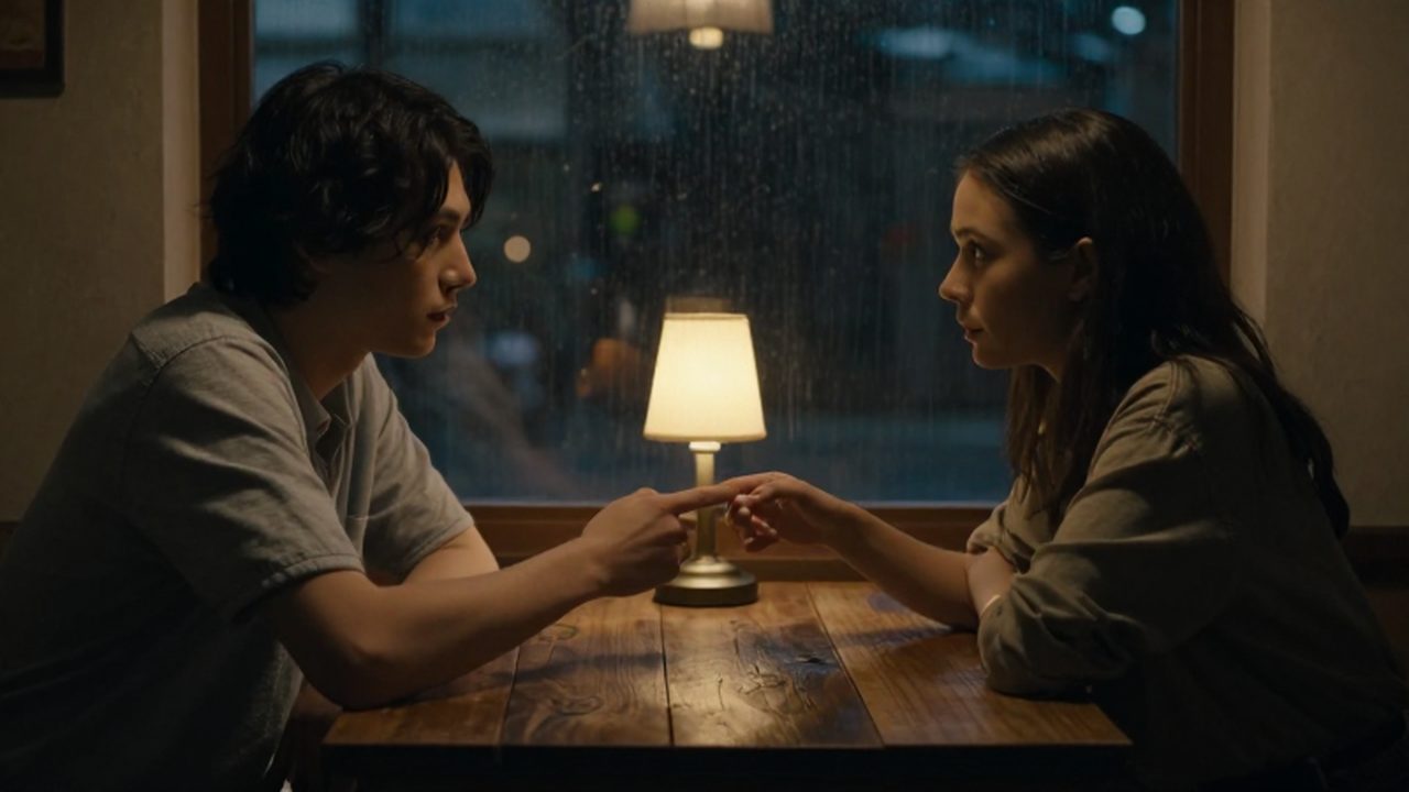 Pareja joven sentada frente a frente en un café acogedor, tomándose de las manos suavemente.