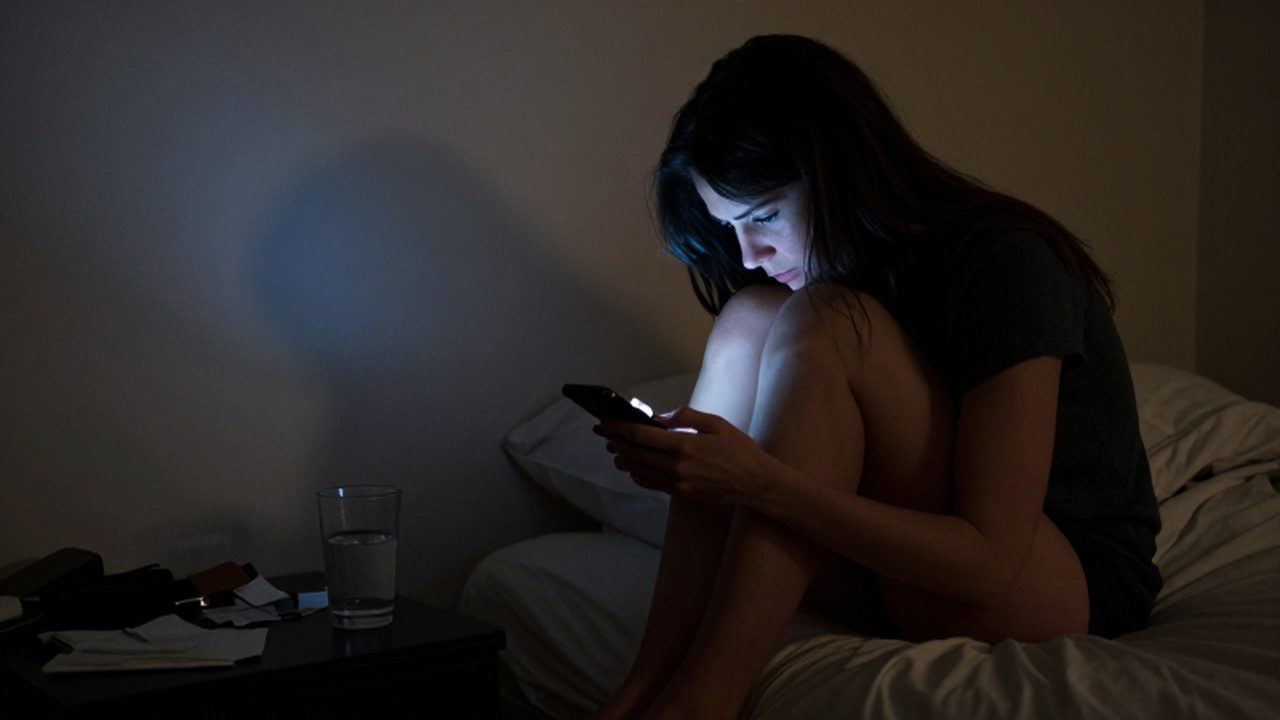 Mujer cabizbaja sentada en el borde de la cama iluminada por la luz de un móvil.