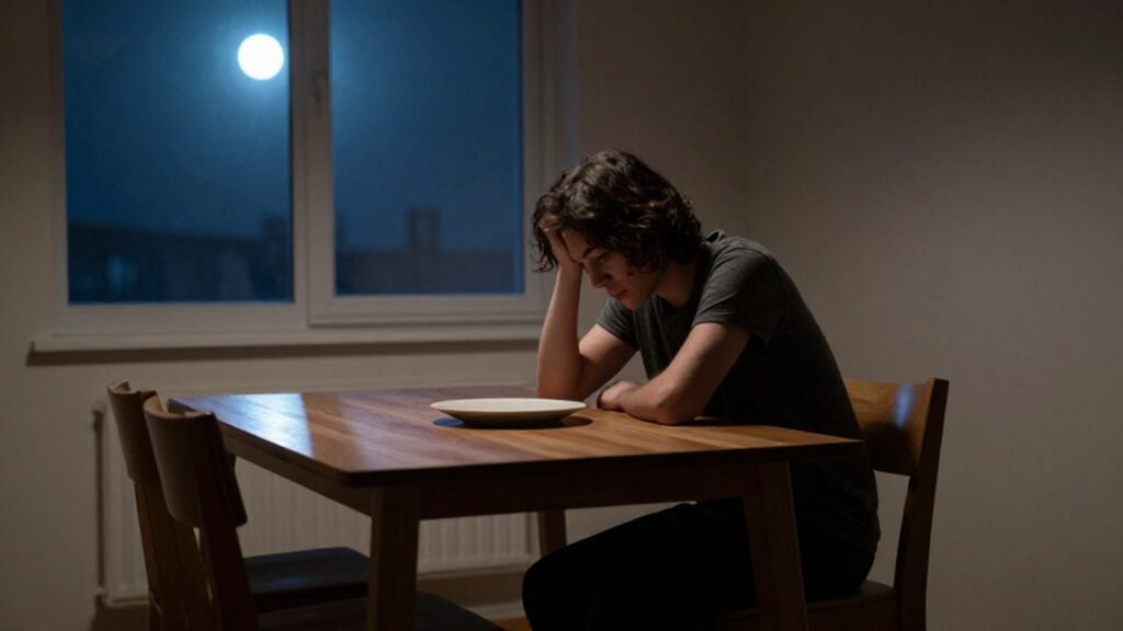 Persona solitaria sentada ante un plato en un apartamento minimalista bajo la luz de la luna.