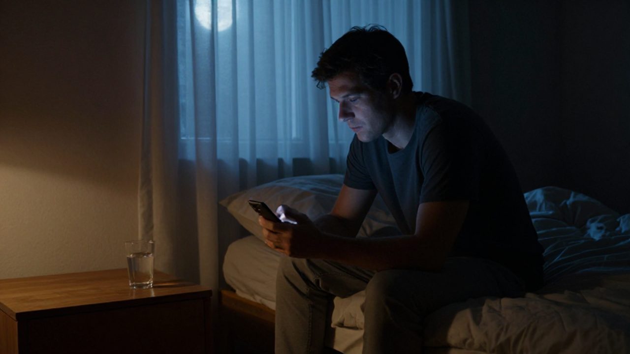 Un hombre solitario sentado en el borde de su cama mirando la pantalla de su móvil.