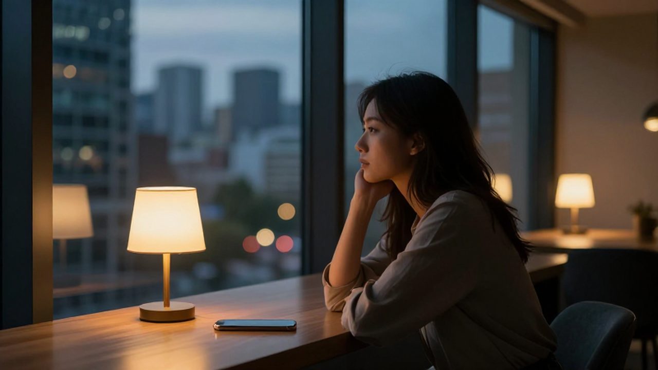 Mujer contemplativa sentada junto a un ventanal con vistas a una ciudad al anochecer.