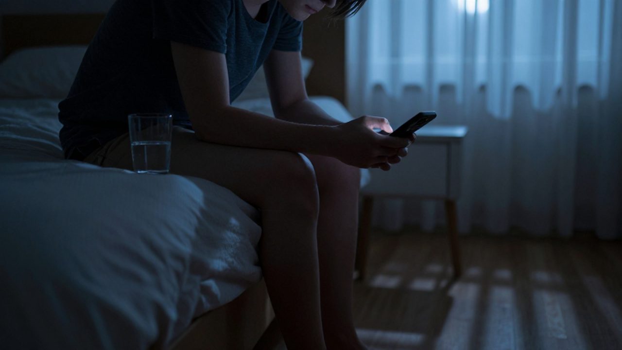Persona solitaria sentada en el borde de una cama mirando con desánimo la pantalla de su móvil.