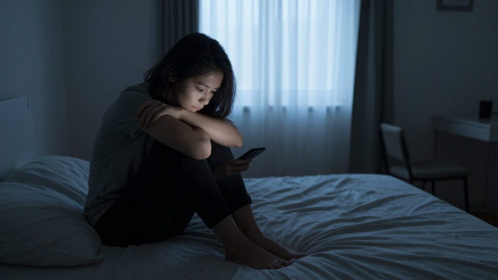 Persona con expresión melancólica sentada en el borde de una cama mirando su teléfono.