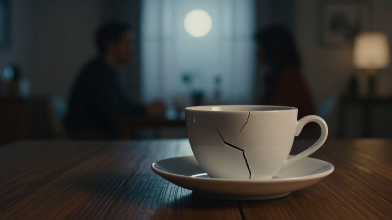 Taza de porcelana con una grieta sobre una mesa de madera y dos siluetas desenfocadas al fondo.