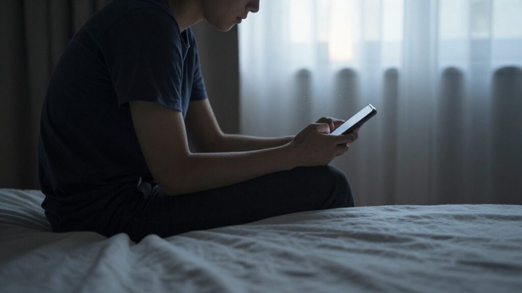 Persona solitaria sentada en el borde de una cama deshecha mirando su teléfono en una habitación tenue.