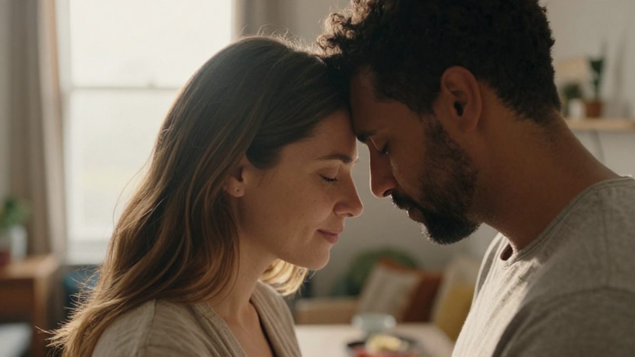 Pareja con los ojos cerrados apoyando sus frentes en un momento íntimo bajo luz cálida.